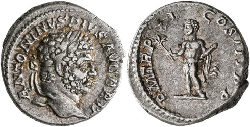 Ancient Roman silver denarius of Caracalla as Augustus with Hercules minted in Rome