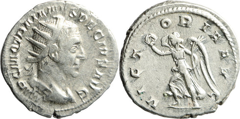 Ancient Roman silver coin of the Emperor Trajan Decius with Victory minted in Rome in 249 AD