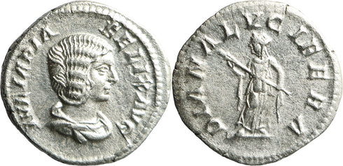 Ancient Roman silver denarius of Julia Domna with Diana minted in Rome 211-217 AD under Emperor Caracalla