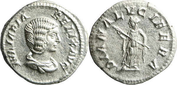 Ancient Roman silver denarius of Julia Domna with Diana minted in Rome 211-217 AD under Emperor Caracalla