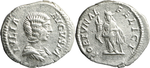 Ancient Roman silver denarius of Julia Domna minted in Rome