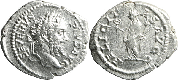 Ancient Roman silver denarius of the Emperor Septimius Severus minted in Rome