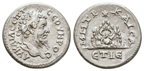 Ancient Roman Provincial silver coin of the Emperor Septimius Severus minted in Caesarea, Cappadocia