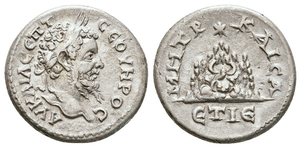 Ancient Roman Provincial silver coin of the Emperor Septimius Severus minted in Caesarea, Cappadocia