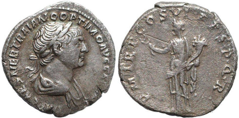 Ancient Roman coin of Trajan AR silver denarius - PM TR P COS VI PP SPQR