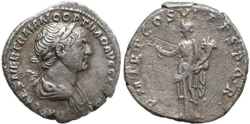 Ancient Roman coin of Trajan AR silver denarius - PM TR P COS VI PP SPQR