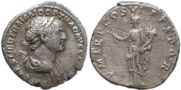 Ancient Roman coin of Trajan AR silver denarius - PM TR P COS VI PP SPQR