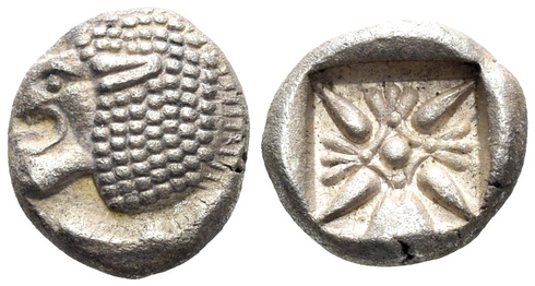 Ancient silver Greek coin from Ionia, Miletos. Late 6th early 4th Century BC. AR Diobol