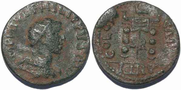 Ancient Roman coin of Philip II as Augustus minted in Antioch in Pisidia