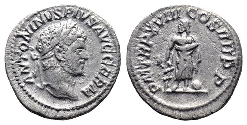 Ancient Roman silver denarius of the Emperor Caracalla as Augustus with Asclepius