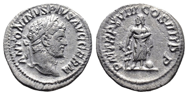 Ancient Roman silver denarius of the Emperor Caracalla as Augustus with Asclepius
