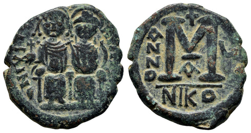 Ancient Byzantine coin of Justin II & Sophia AE follis - Minted in Nicomedia