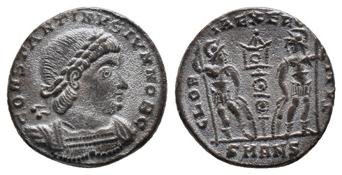 VF++ Fully Silvered Ancient Roman coin of Constantine II - GLORIA EXERCITVS