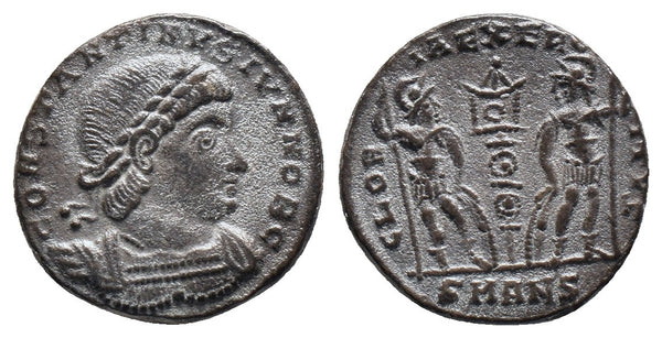 VF++ Fully Silvered Ancient Roman coin of Constantine II - GLORIA EXERCITVS