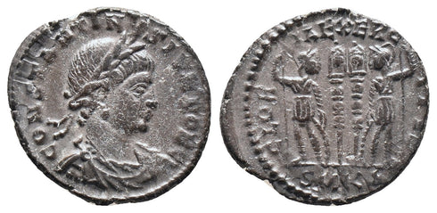 VF++ Fully Silvered Ancient Roman coin of Constantine II - GLORIA EXERCITVS