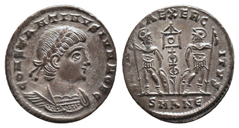 VF+++ Full Silvered Ancient Roman coin of Constantine II - GLORIA EXERCITVS