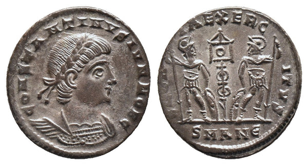 VF+++ Fully Silvered Ancient Roman coin of Constantine II - GLORIA EXERCITVS