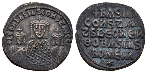 Ancient Byzantine coin of Basil I the Macedonian, Leo VI and Constantine VII minted in Constantinople