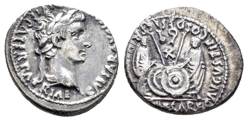 Ancient Roman silver denarius of the Emperor Augustus 27 BC-14 AD minted in Lyon