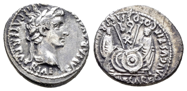 Ancient Roman silver denarius of the Emperor Augustus 27 BC-14 AD minted in Lyon