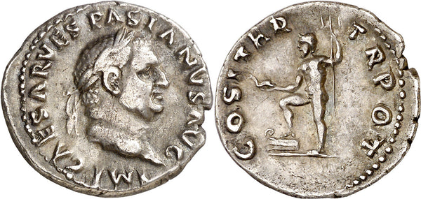 Ancient Roman silver denarius of the Emperor Vespasian with Neptune minted in Rome