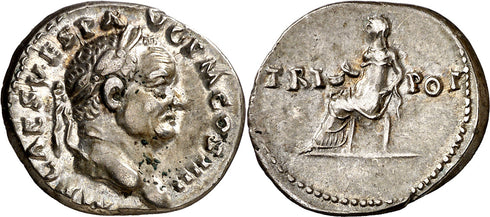 Ancient Roman silver denarius of the Emperor Vespasian with Vesta minted in Rome