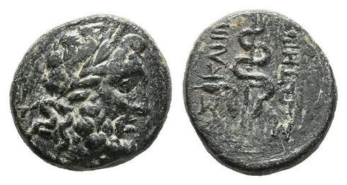 Ancient Greek coin minted in Pergamon, Mysia - Asklepios and a coiled serpent
