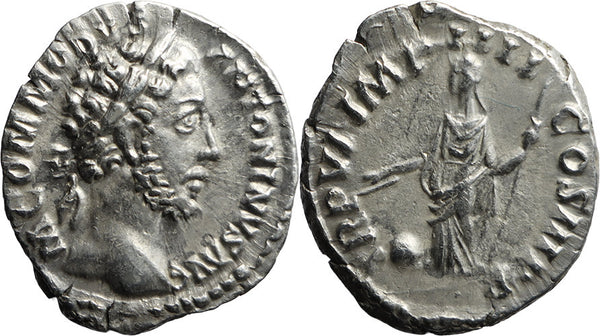 Ancient Roman silver denarius of the Emperor Commodus minted in Rome