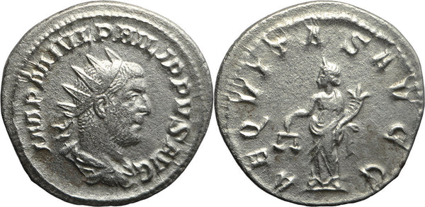 Ancient Roman silver coin of the Emperor Philip I minted in Rome - AEQVITAS AVGG