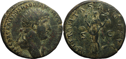 Large Ancient Roman coin of the Emperor Hadrian - Aeternitas holding heads of the sun and the moon