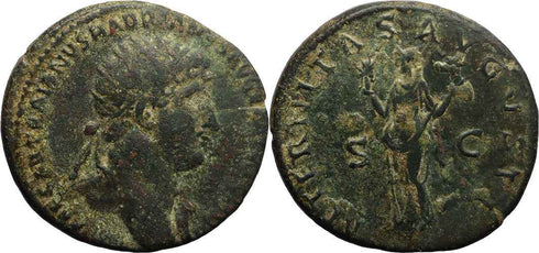 Large Ancient Roman coin of the Emperor Hadrian - Aeternitas holding heads of the sun and the moon