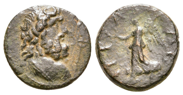 Ancient Greek coin with Poseidon and Nike minted in Attaleia, Pamphylia during the reign of Marcus Aurelius