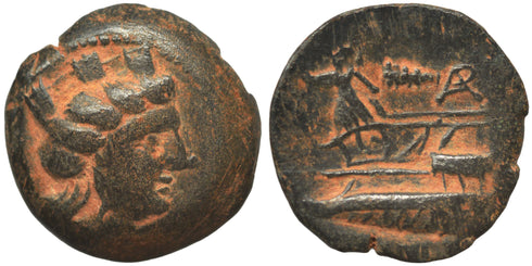 Ancient Phoenician bronze coin with Tyche and Athena minted in Arados circa 242-166 BC