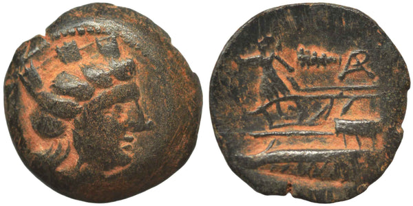 Ancient Phoenician bronze coin with Tyche and Athena minted in Arados circa 242-166 BC