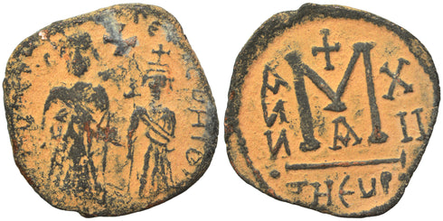 Ancient Sasanian coin of King Khosrau II 590-628 AD immitating a Byzantine follis of Heraclius and Heraclius Constantine