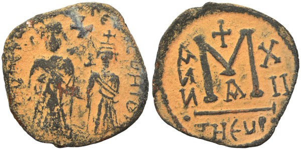 Ancient Sasanian coin of King Khosrau II 590-628 AD immitating a Byzantine follis of Heraclius and Heraclius Constantine