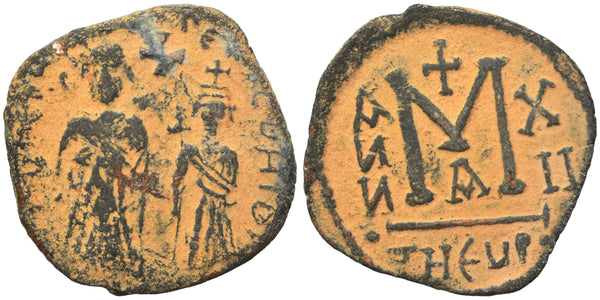 Ancient Sasanian coin of King Khosrau II 590-628 AD immitating a Byzantine follis of Heraclius and Heraclius Constantine