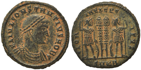 VF+++ Ancient Roman coin of the Emperor Constantius II as Caesar - GLORIA EXERCITVS