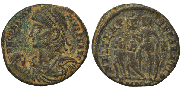 Ancient Roman coin of Constantius II holding a Chi-Rho labarum - FEL TEMP REPARATIO