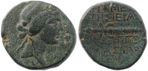 Ancient Greek coin minted in Seleukis and Pieria, Apameia - Dionysos & Thyrsos