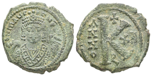 Ancient Byzantine coin of Maurice Tiberius AE half follis - Theoupolis (Antioch) Mint
