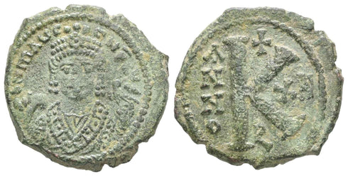 Ancient Byzantine coin of Maurice Tiberius AE half follis - Theoupolis (Antioch) Mint