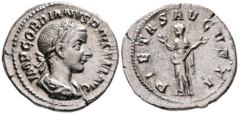 Ancient Roman silver denarius of the Emperor Gordian III minted in Rome in 240 AD