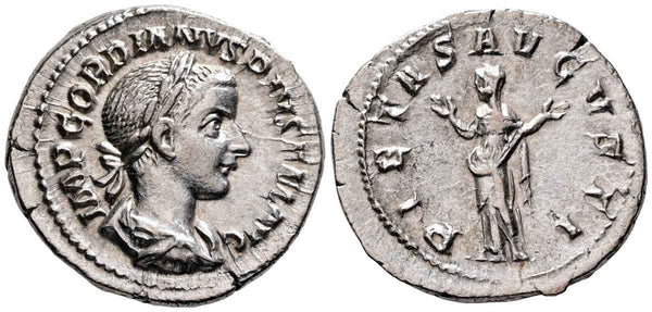 Ancient Roman silver denarius of the Emperor Gordian III minted in Rome in 240 AD