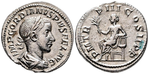 Ancient Roman silver denarius of the Emperor Gordian III minted in Rome in 240 AD