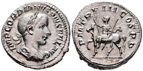EF Ancient Roman silver denarius of the Emperor Gordian III minted in Rome in 240 AD