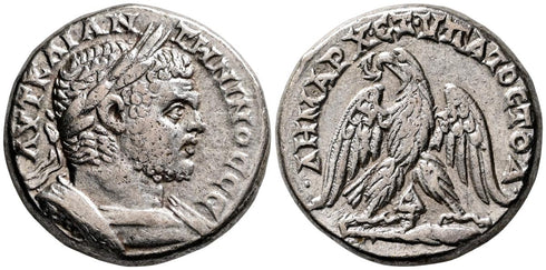 Ancient Roman silver tetradrachm of Caracalla as Augustus minted in Tyre, Phoenicia in 213-217 AD