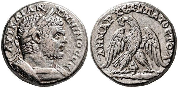 Ancient Roman silver tetradrachm of Caracalla as Augustus minted in Tyre, Phoenicia in 213-217 AD