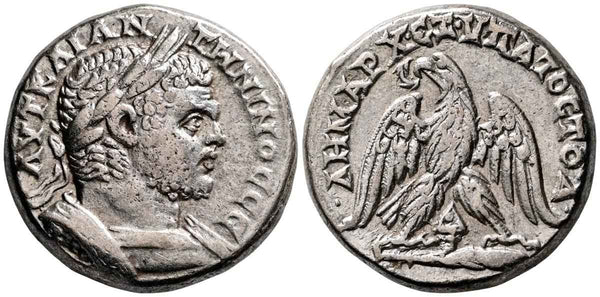 Ancient Roman silver tetradrachm of Caracalla as Augustus minted in Tyre, Phoenicia in 213-217 AD