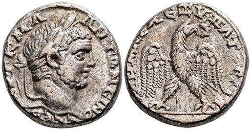 Ancient Roman silver tetradrachm of Caracalla as Augustus minted in Tripolis, Phoenicia in 215-217 AD